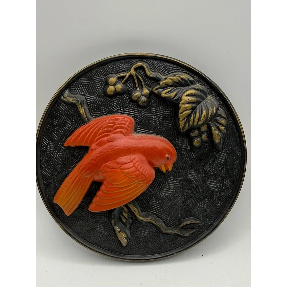 Vintage 1968 Miller Studio Red Cardinal Bird Wall Plaque Set 2 Piece Round MCM